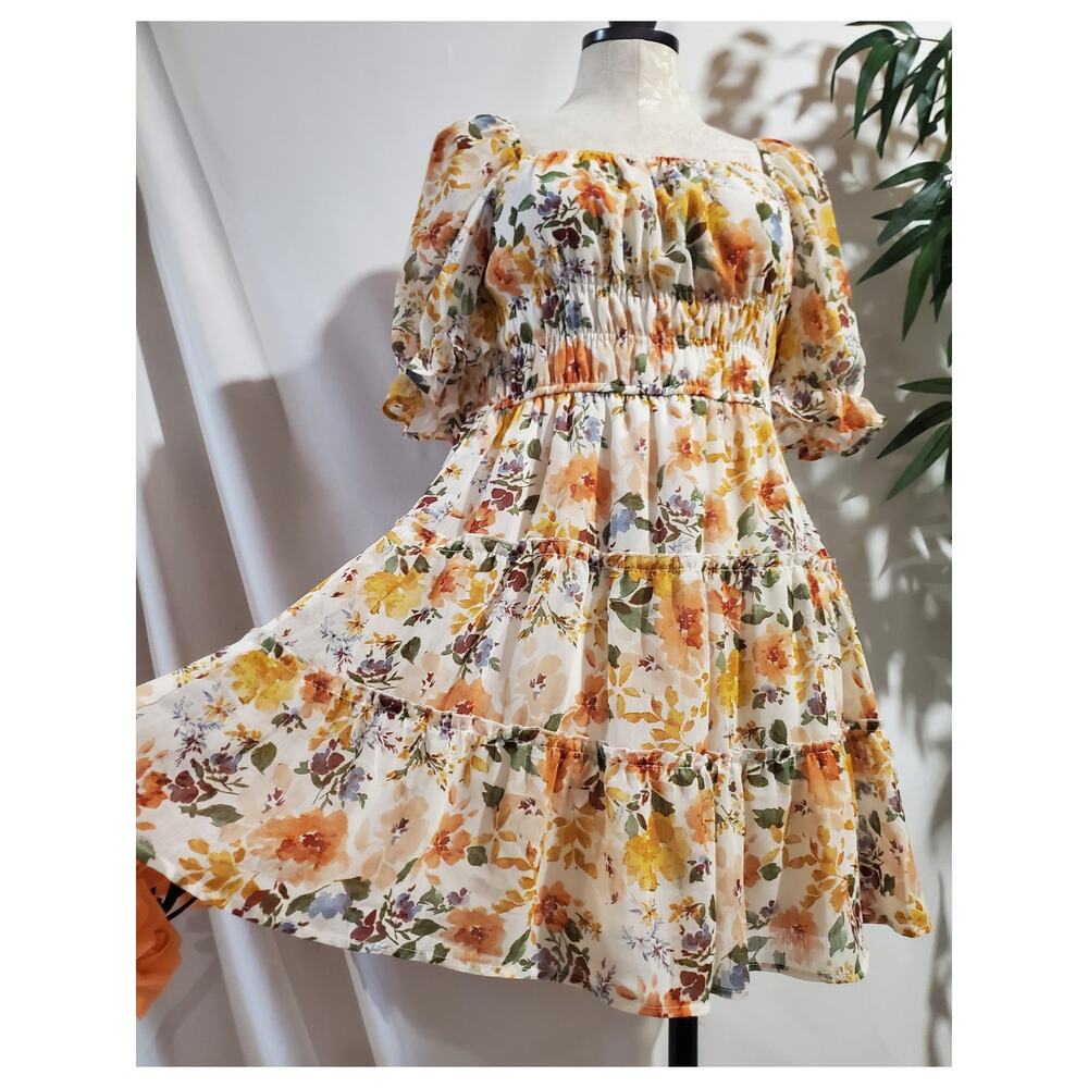 Trixxi Floral Tiered Smocked Milkmaid Square Neck Dress Size M Fairy Cottage Y2K
